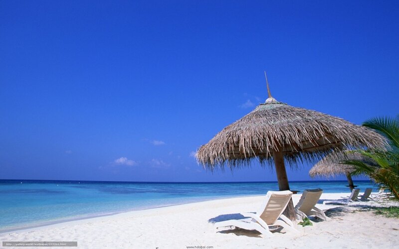 tropical beach with thatched umbrella