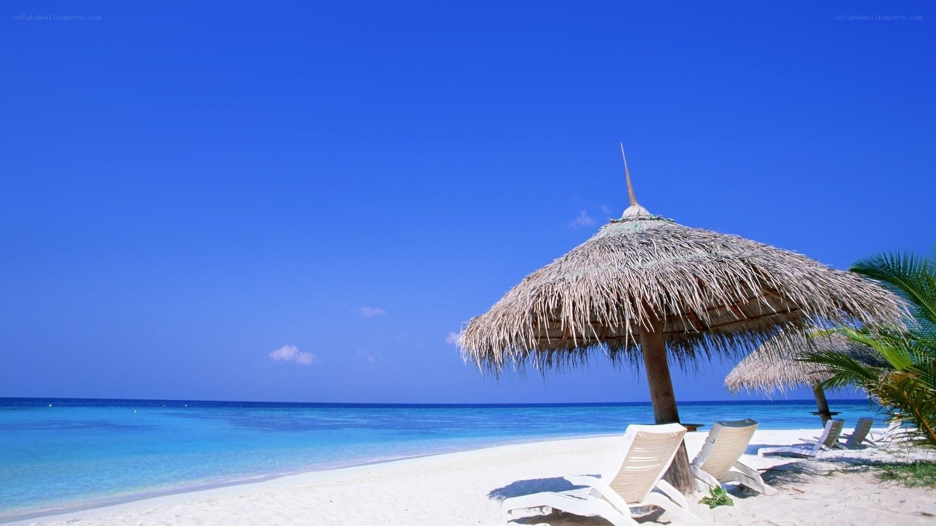 Tropical beach with thatched umbrella