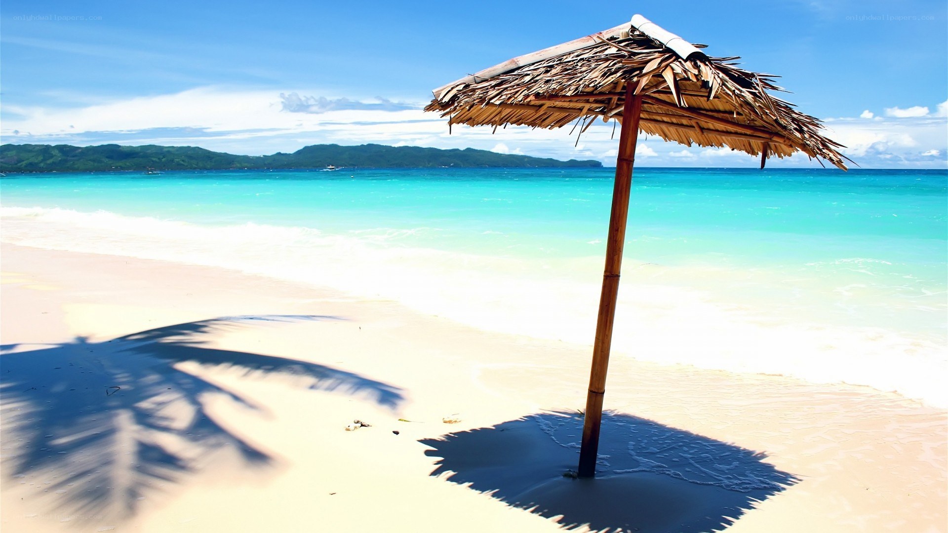 Tropical beach with thatched umbrella