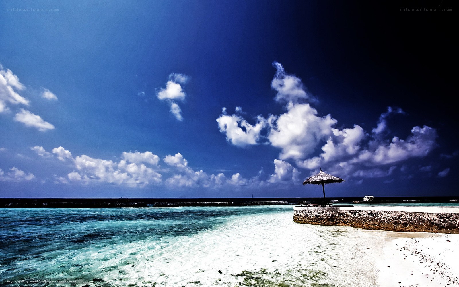 Tropical beach with thatched umbrella