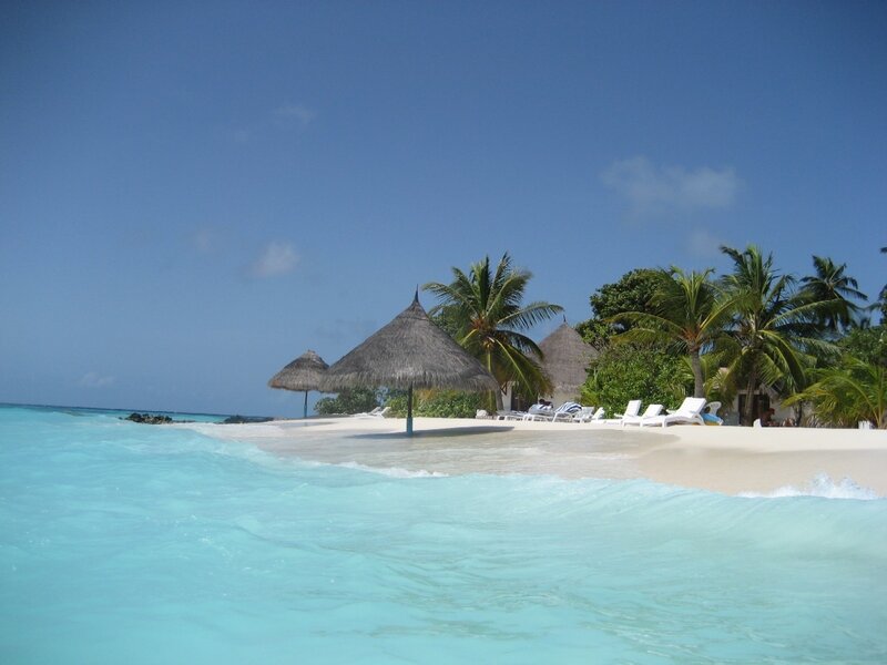 tropical beach with thatched umbrellas