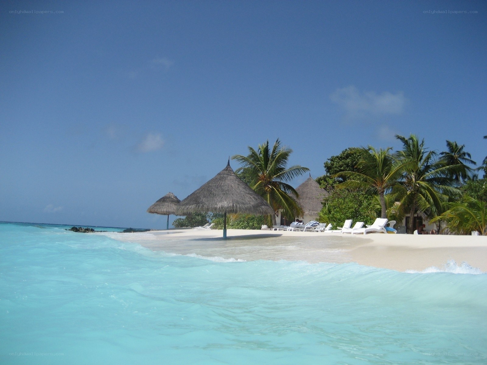 tropical beach with thatched umbrellas