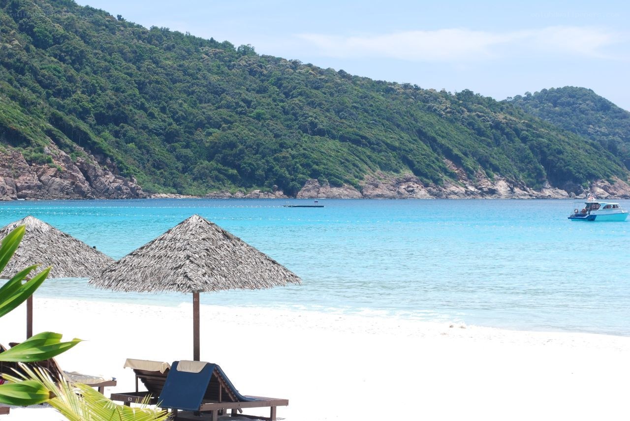 tropical beach with thatched umbrellas