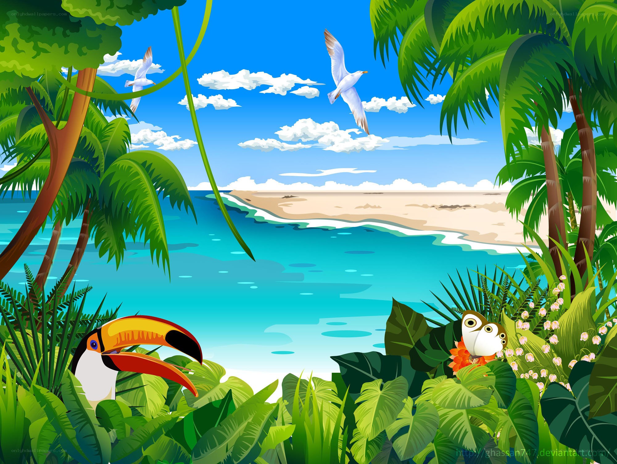 tropical beach with toucan