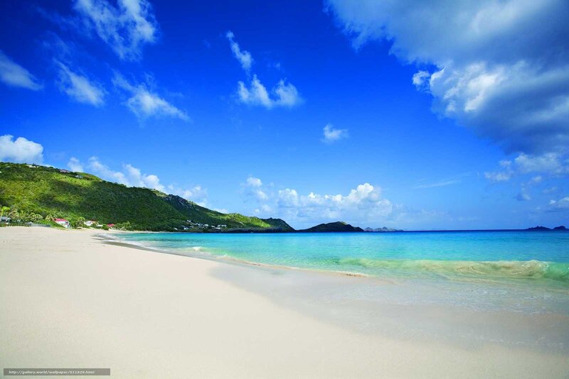 Tropical Beach with Turquoise Water — Blue, Serene, Afternoon, Photograph, Sand, Ocean, Hills, Clouds