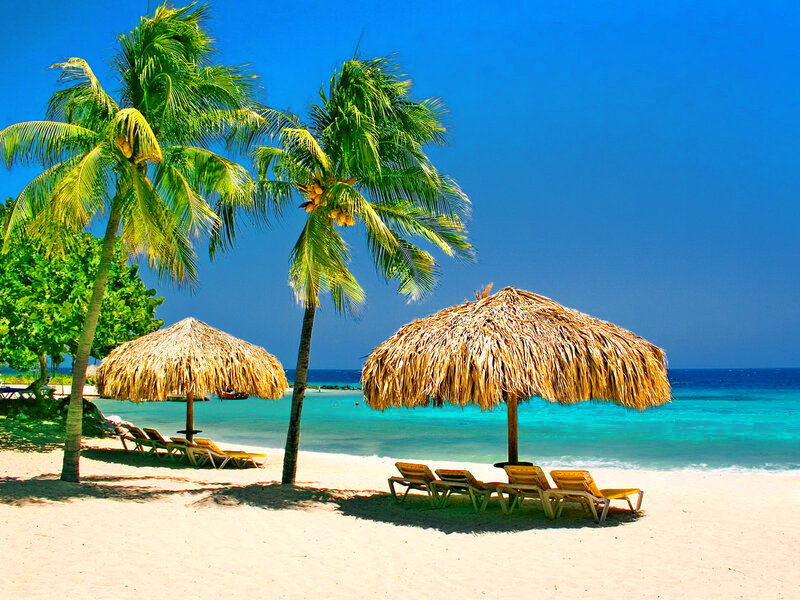 Tropical Beach with Umbrellas — Blue, Serene, Afternoon