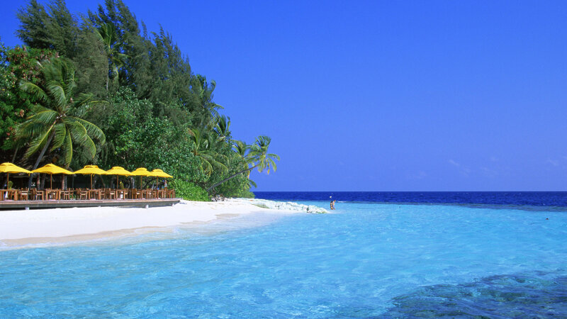 Tropical Beach with Umbrellas — Blue