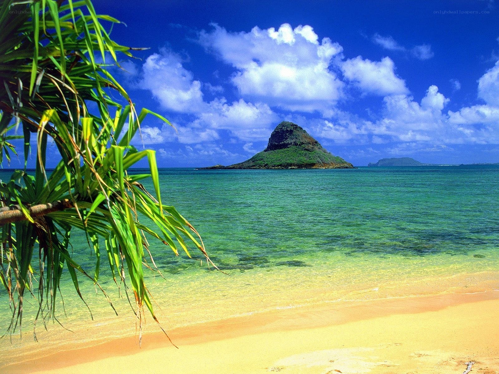 tropical beach with volcanic island