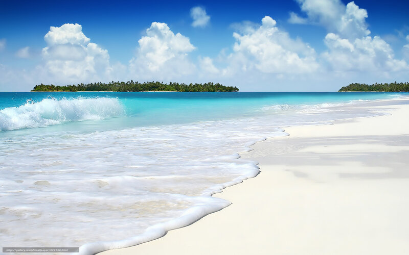 Tropical Beach with Waves — Blue, Serene, Afternoon, Photograph, Island, Clouds, Sand
