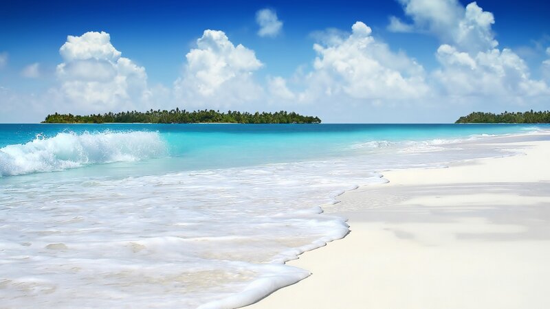 Tropical Beach with Waves — Blue, Serene, Afternoon, Photograph, Island, Clouds