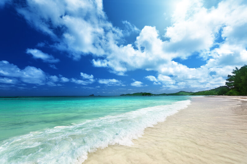 Tropical Beach with Waves — Blue, Serene, Afternoon, Photograph, Ocean, Sand, Clouds