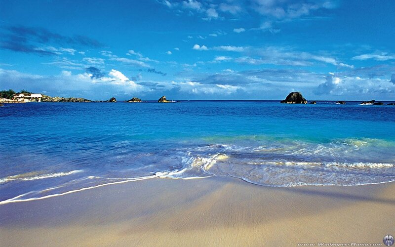 Tropical Beach with Waves — Blue, Serene, Afternoon, Photograph, Ocean, Sand, Rocks