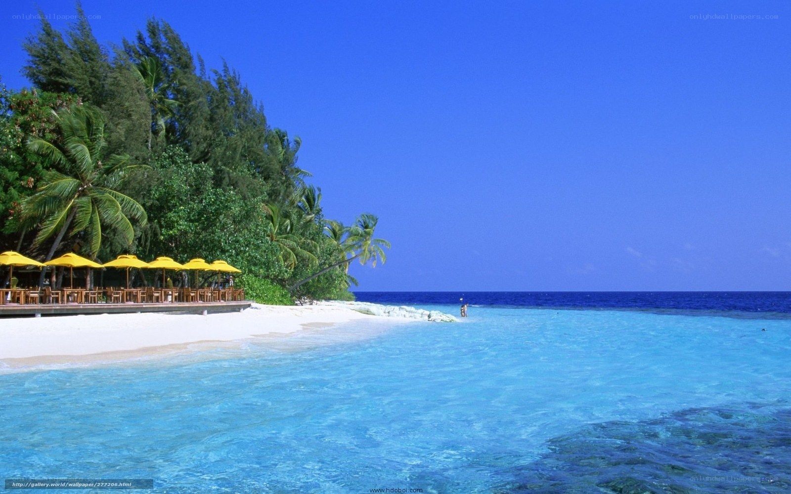 tropical beach with yellow umbrellas
