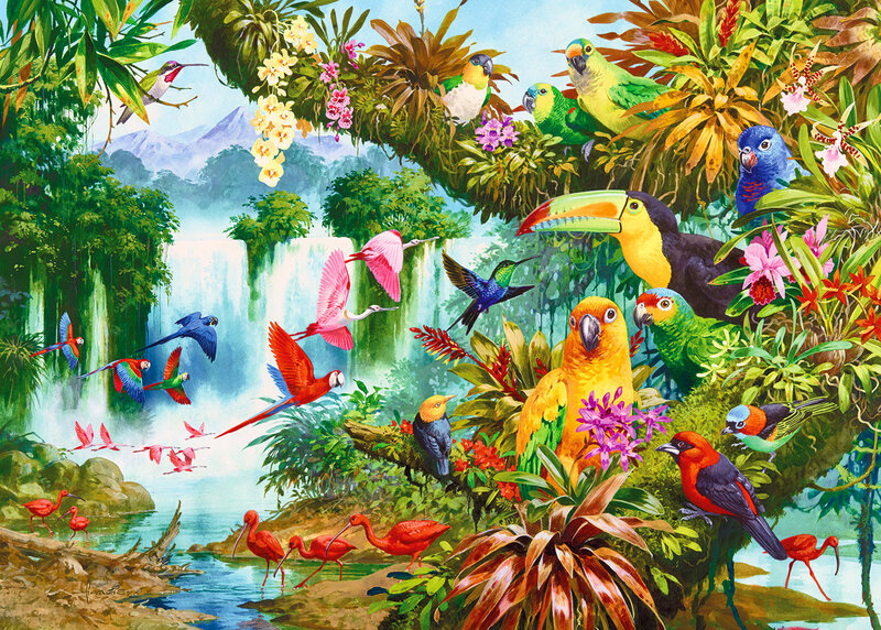 Tropical Birds in Jungle — Green, Vibrant, Afternoon, Illustration