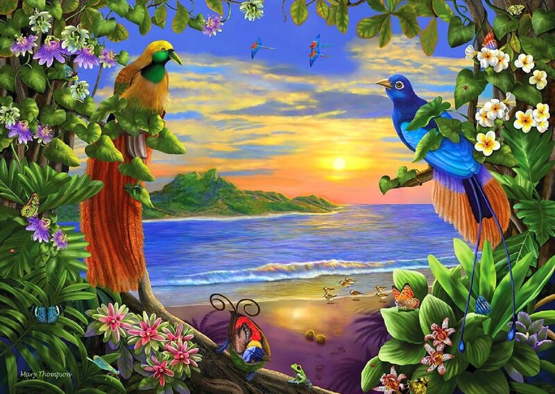 Tropical Birds on Beach — Blue, Serene, Sunset