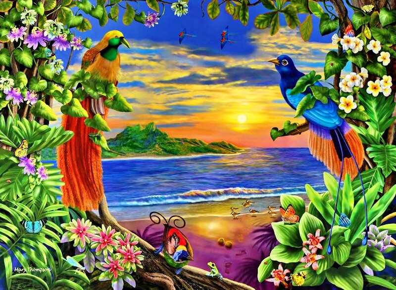 Tropical Birds on Beach — Blue, Serene