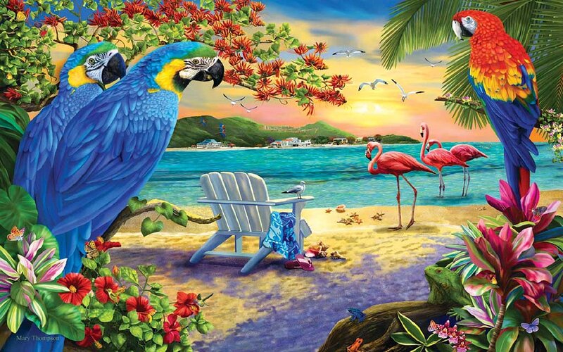 Tropical Birds on Beach — Blue, Sunset
