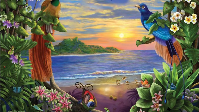 Tropical Birds on Beach — Blue