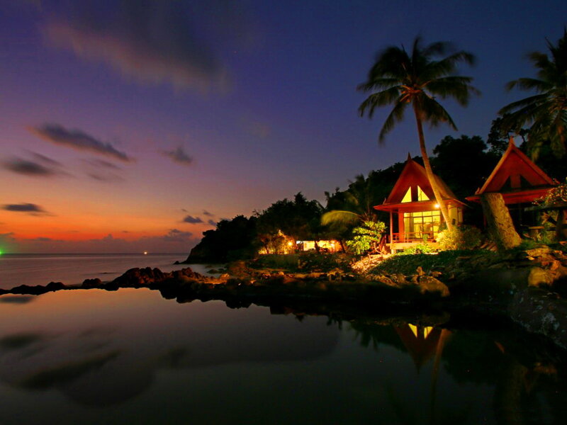 Tropical Bungalows at Dusk