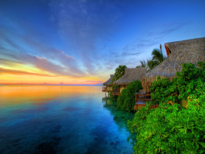 Tropical Bungalows at Sunset — Blue, Serene, Photograph