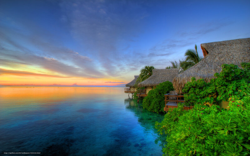 Tropical Bungalows at Sunset — Blue, Serene