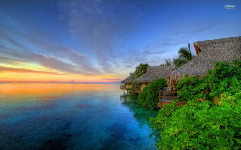 Tropical Bungalows at Sunset — Blue