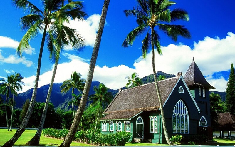 tropical church with palm trees