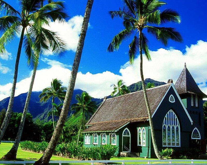 Tropical church with palm trees