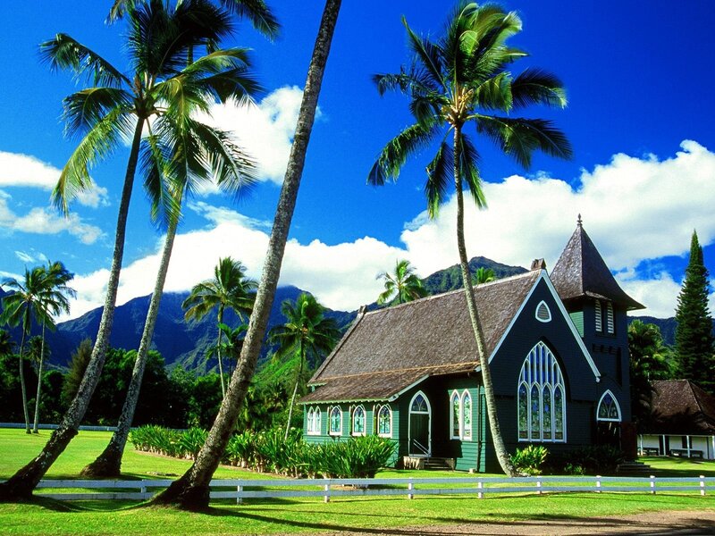 tropical church with palm trees