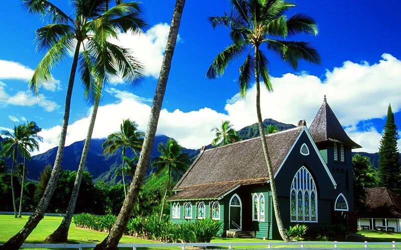 tropical church with palm trees
