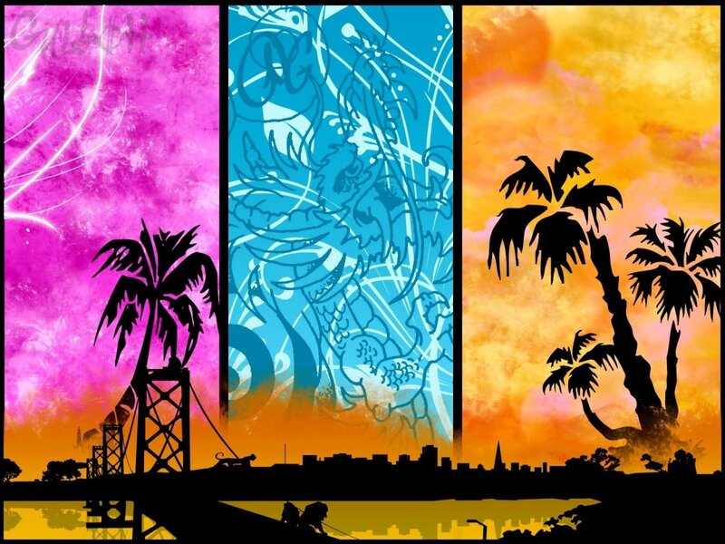 tropical cityscape triptych