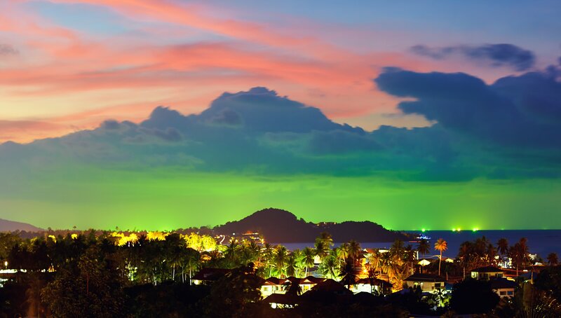 Tropical Coastal Town at Dusk