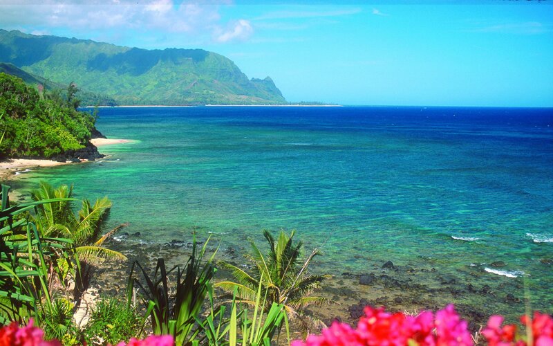 Tropical Coastline with Mountains — Blue, Serene, Afternoon, Photograph