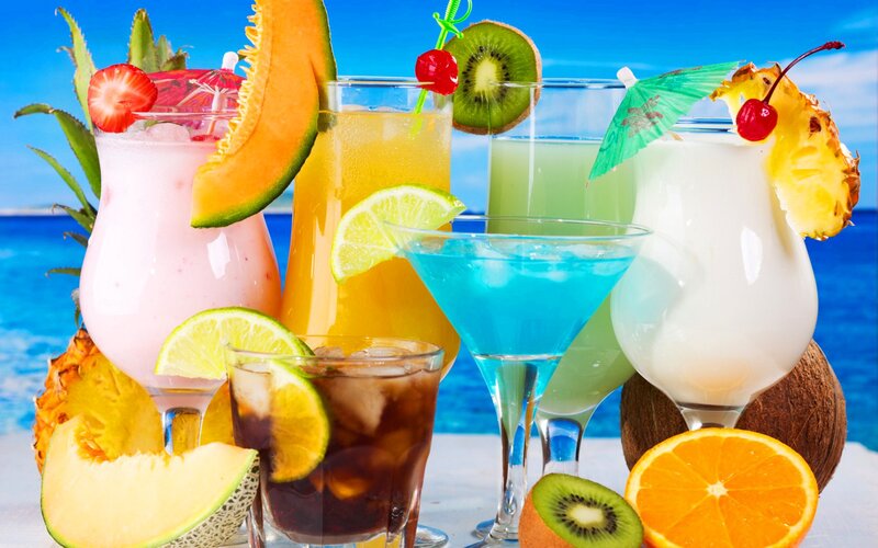 Tropical Cocktails on Beach — Blue, Relaxed, Afternoon, Photograph, Fruit