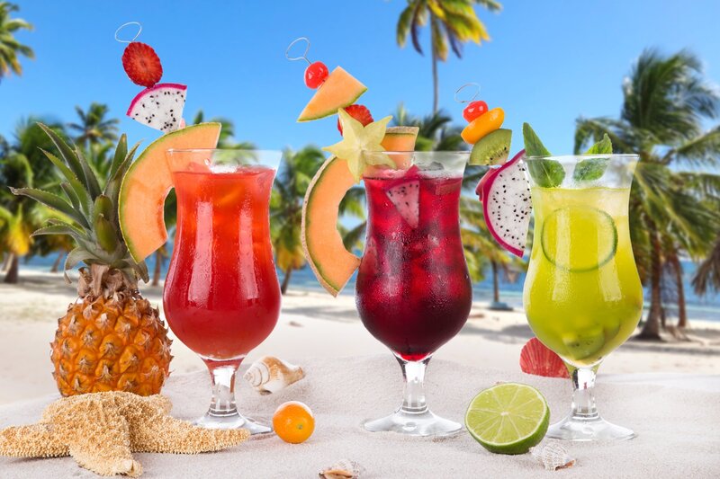 Tropical Cocktails on Beach — Blue, Relaxed, Afternoon, Photograph, Pineapple