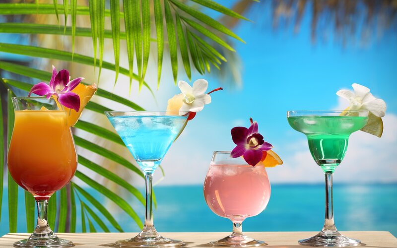 Tropical Cocktails on Table — Blue, Afternoon, Photograph, Palm Leaves