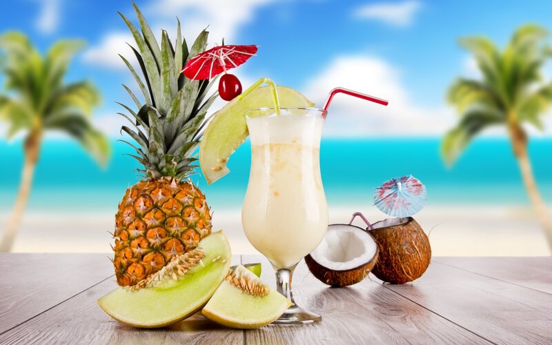 Tropical Drink on Beach — Blue, Relaxed, Afternoon, Photograph, Pineapple, Coconut, Melon