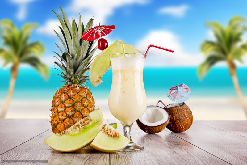 Tropical Drink on Beach — Blue, Relaxed, Afternoon, Photograph, Pineapple, Coconut