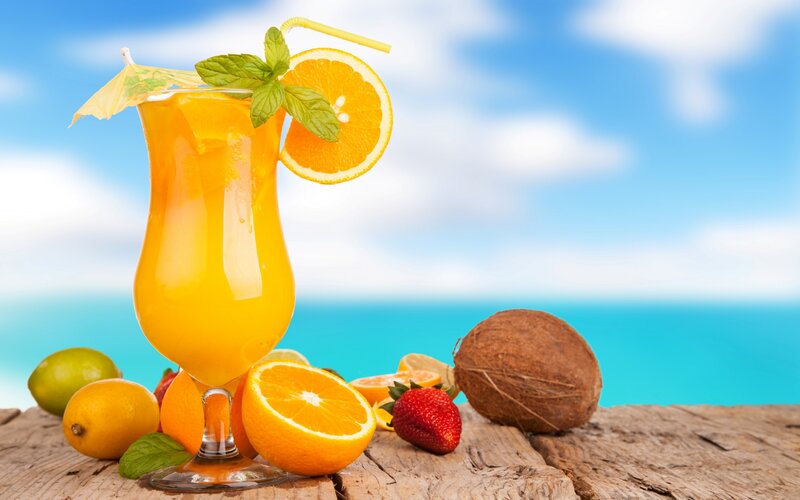 Tropical Drink on Wood — Blue, Relaxed