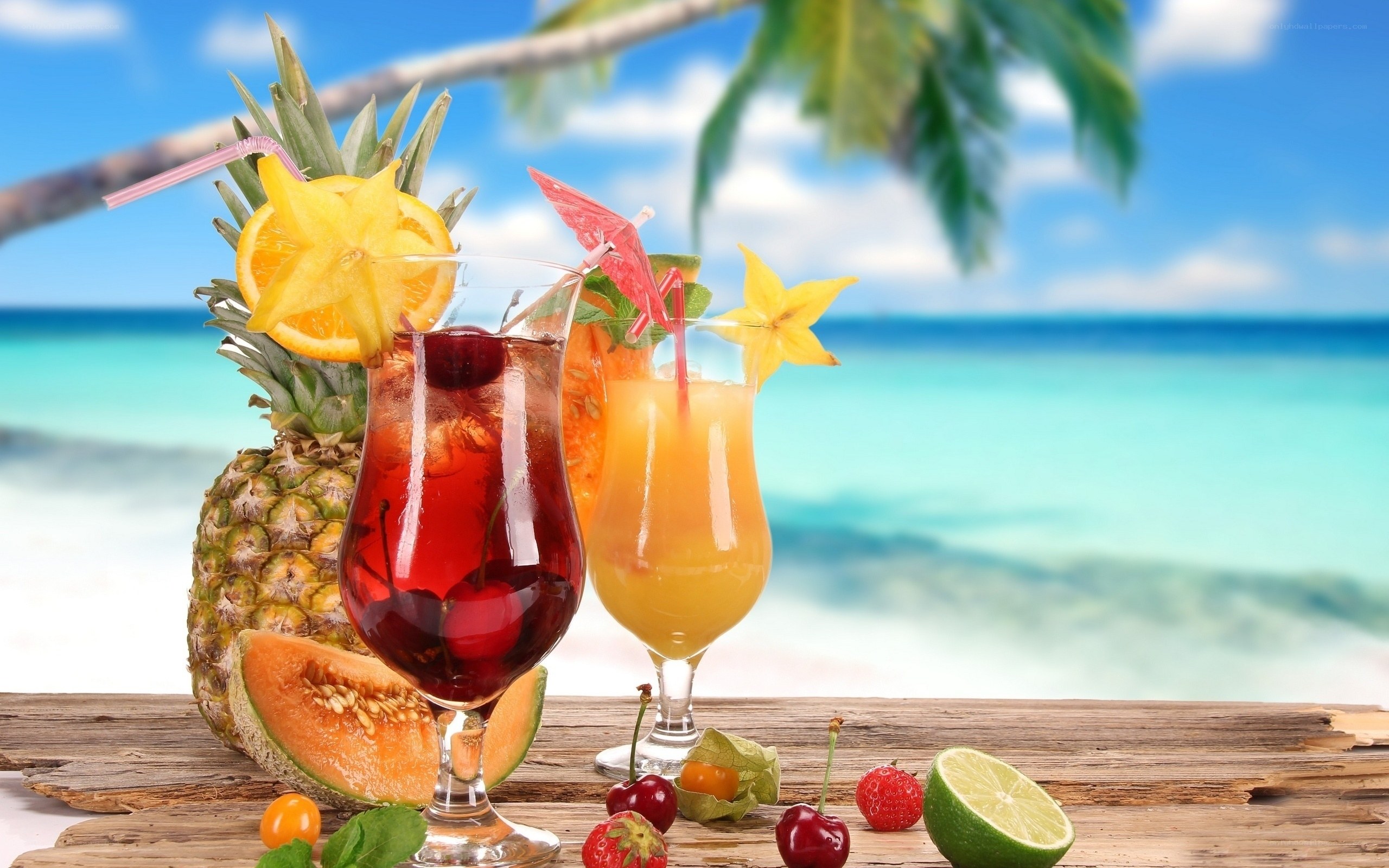 Tropical drinks on beach