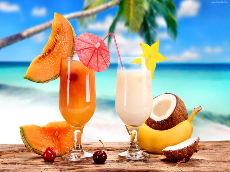 Tropical Drinks on Beach — Blue, Relaxed, Afternoon, Photograph, Coconut, Banana