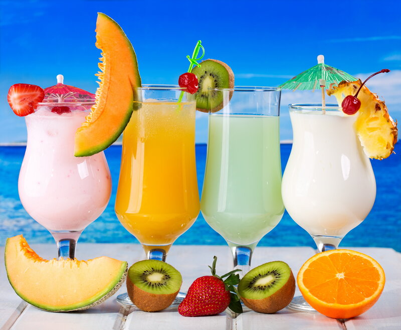 Tropical Drinks on Beach — Blue, Relaxed, Afternoon, Photograph, Fruit, Umbrella