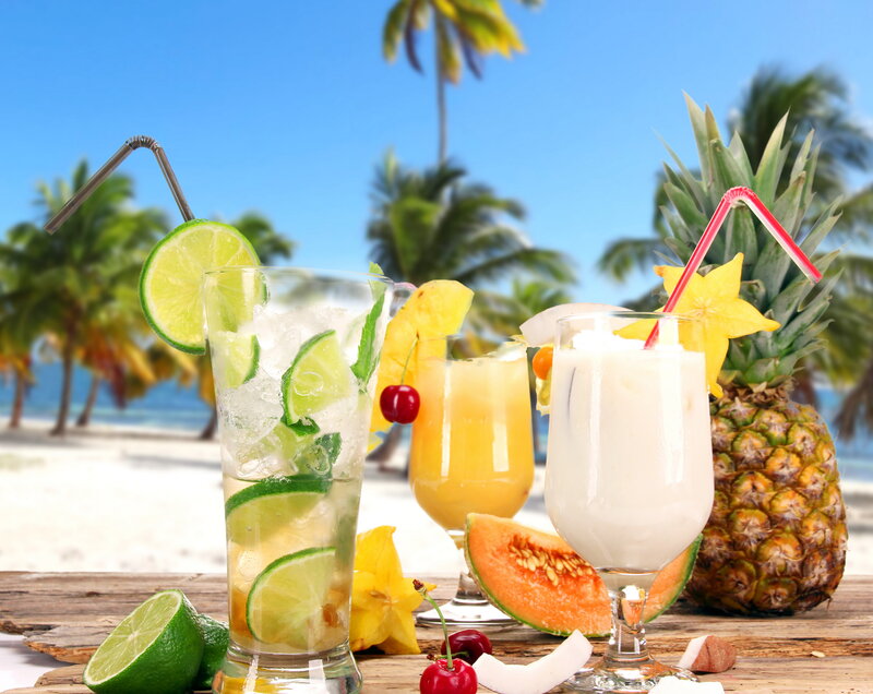 Tropical Drinks on Beach — Blue, Relaxed, Afternoon, Photograph, Pineapple, Lime