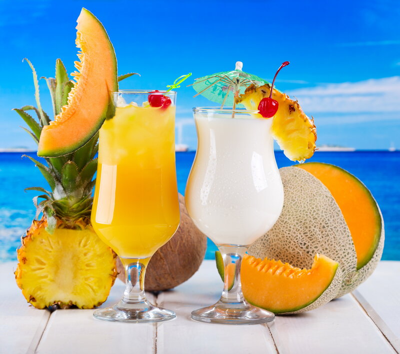 Tropical Drinks on Beach — Blue, Relaxed, Afternoon, Photograph, Pineapple, Melon, Cherry