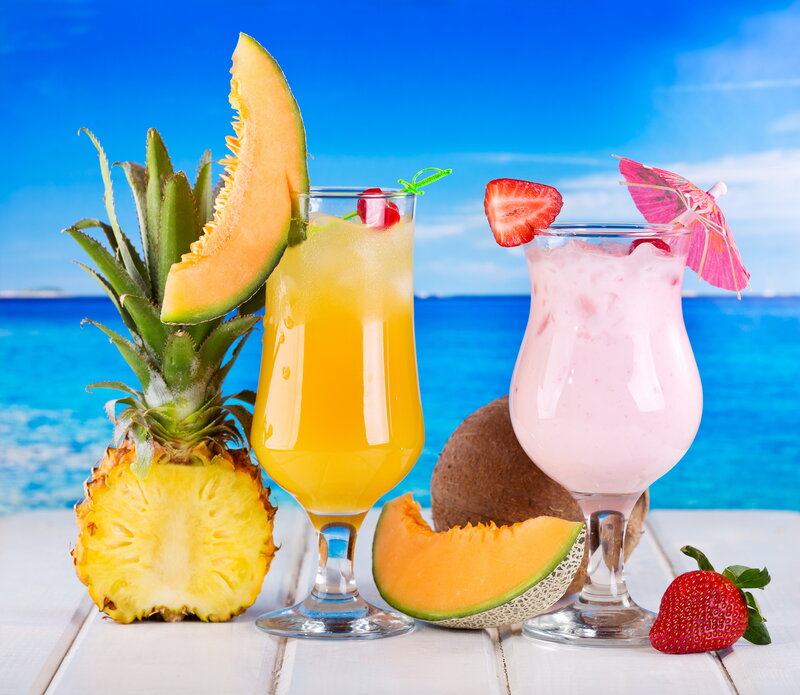 Tropical Drinks on Beach — Blue, Relaxed, Afternoon, Photograph, Pineapple, Melon