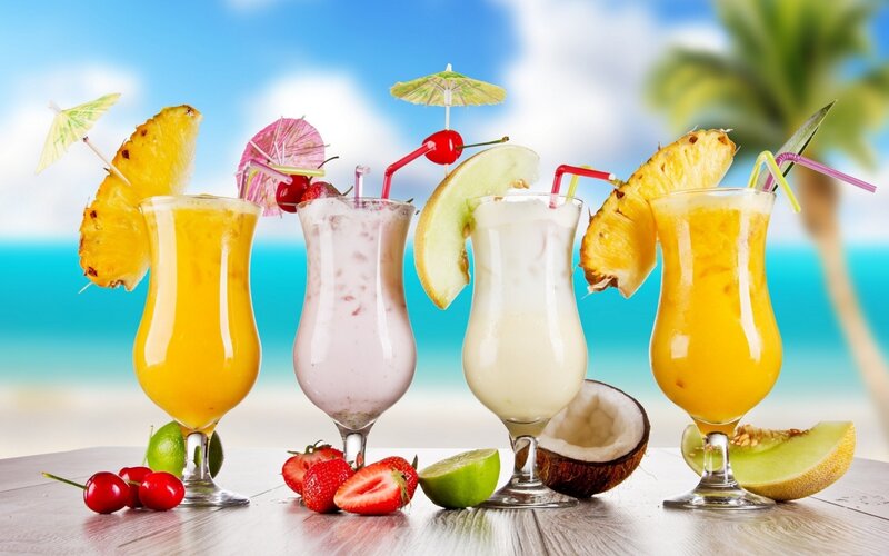 Tropical Drinks on Beach — Blue, Relaxed, Afternoon, Photograph, Pineapple