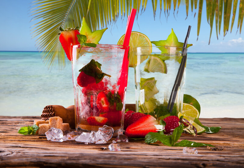 Tropical Drinks on Beach — Blue, Relaxed, Afternoon, Photograph, Strawberries, Limes