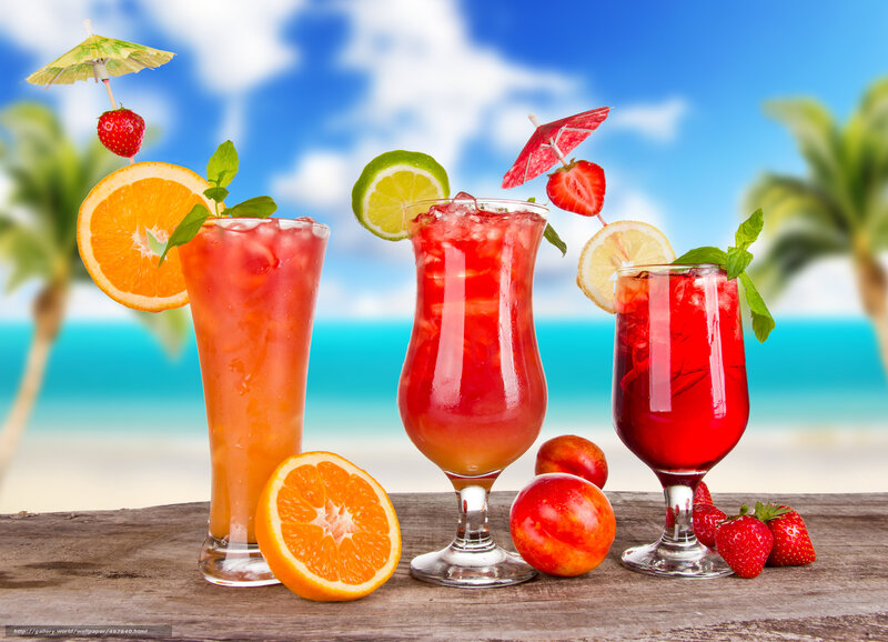 Tropical Drinks on Beach — Blue, Relaxed, Afternoon, Photograph, Strawberries, Oranges, Palm Trees