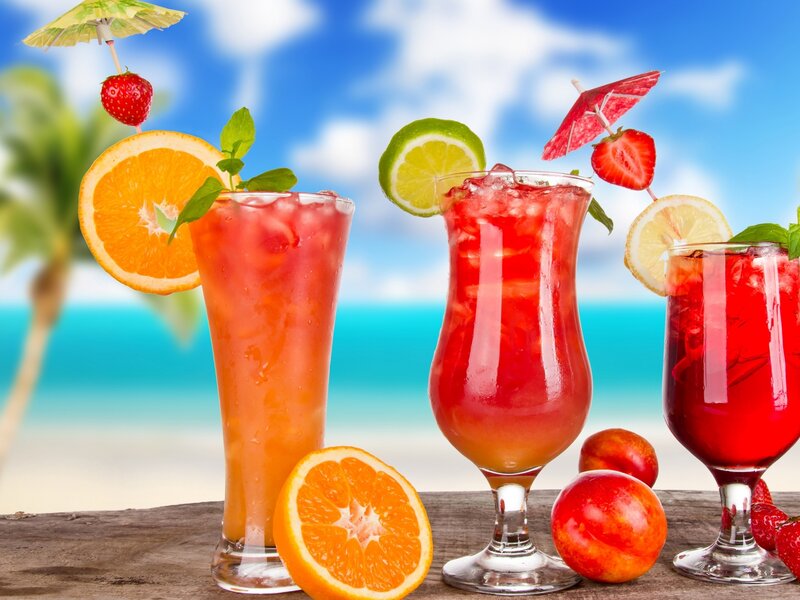 Tropical Drinks on Beach — Blue, Relaxed, Afternoon, Photograph, Strawberries, Oranges