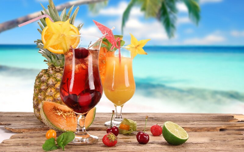 Tropical Drinks on Beach — Blue, Relaxed, Afternoon, Photograph